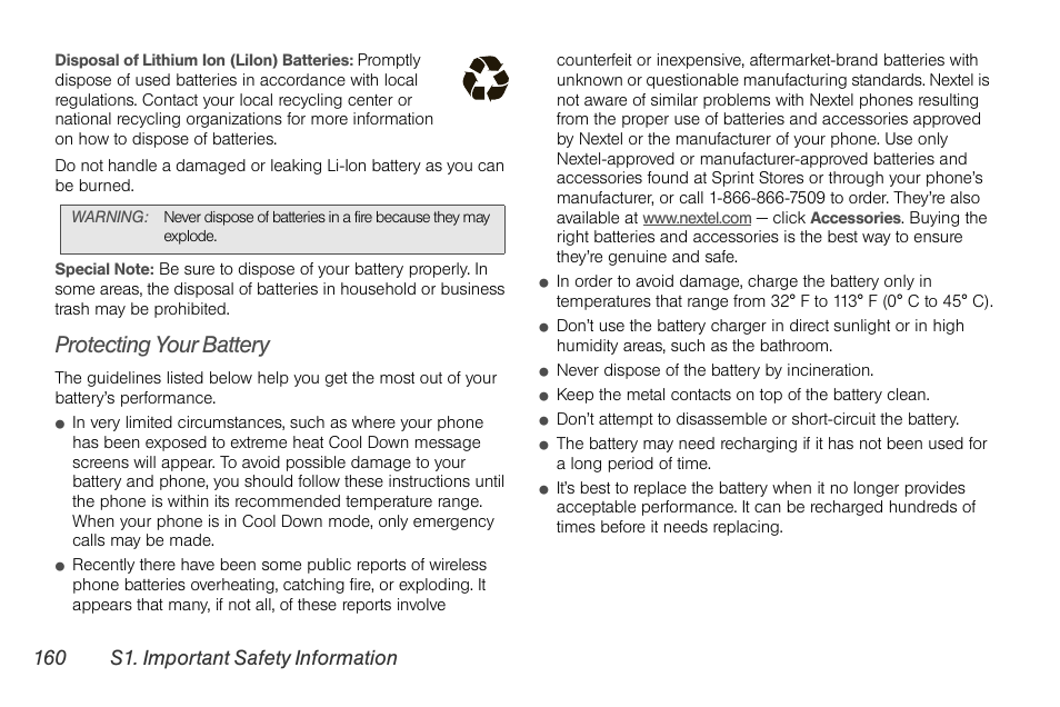 Protecting your battery, 160 s1. important safety information | Sprint Nextel BRUTE I686 User Manual | Page 174 / 199