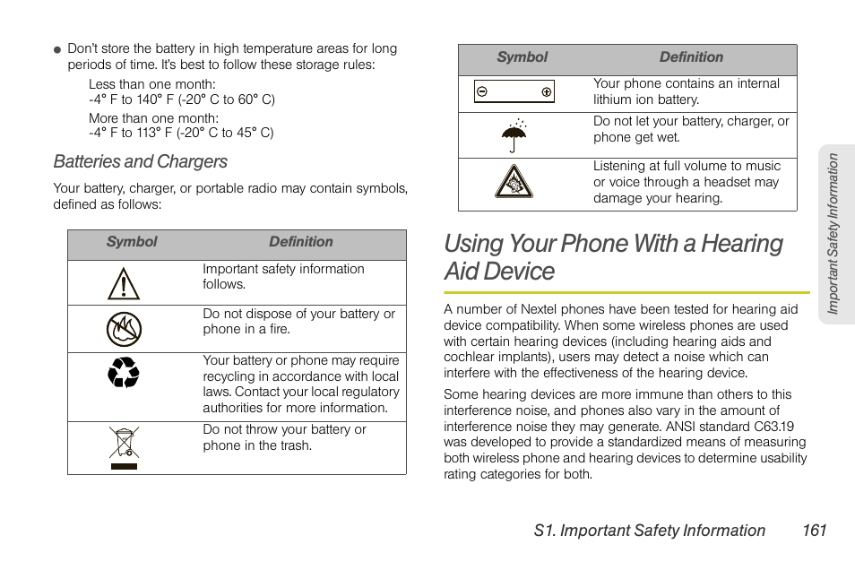 Batteries and chargers, Using your phone with a hearing aid device, Using your phone with a hearing aid device 161 | Sprint Nextel BRUTE I686 User Manual | Page 175 / 199