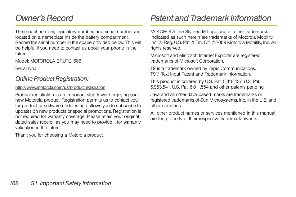 Owner’s record, Online product registration, Patent and trademark information | Sprint Nextel BRUTE I686 User Manual | Page 182 / 199