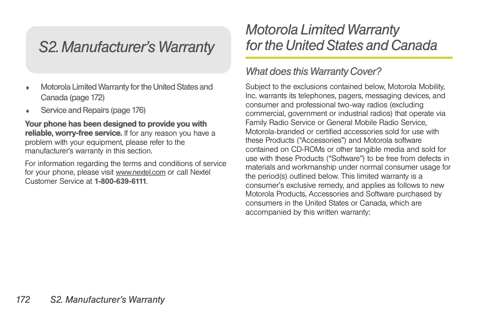 S2. manufacturer’s warranty, What does this warranty cover | Sprint Nextel BRUTE I686 User Manual | Page 186 / 199