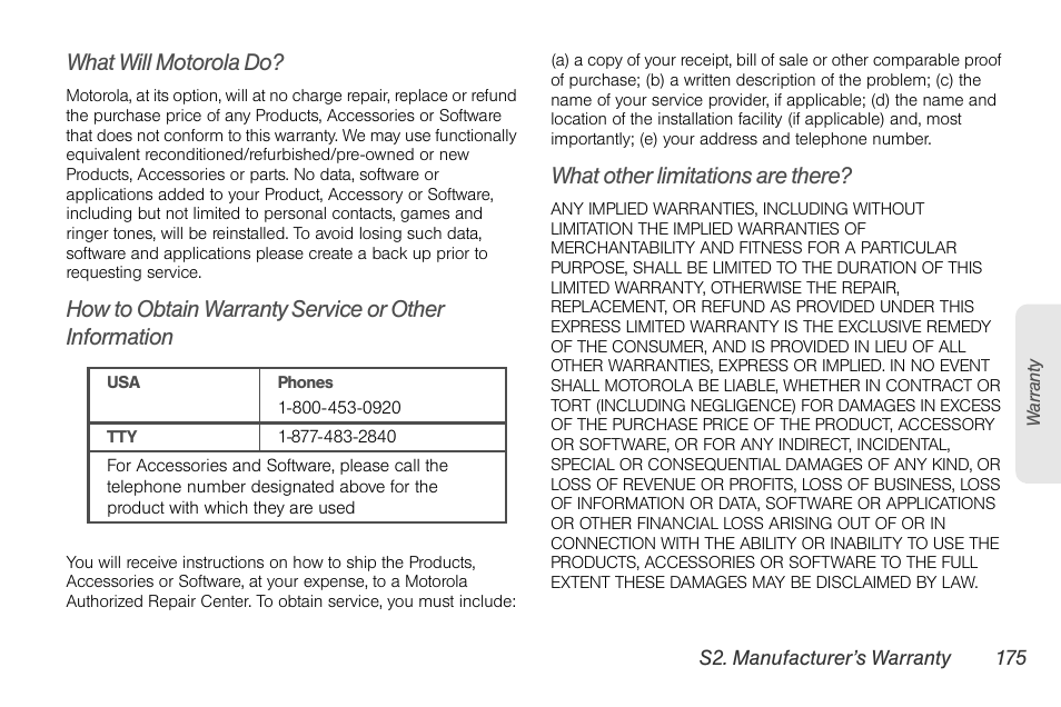 What will motorola do, What other limitations are there | Sprint Nextel BRUTE I686 User Manual | Page 189 / 199