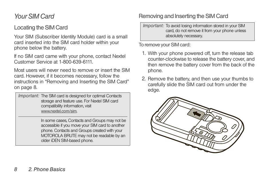 Your sim card | Sprint Nextel BRUTE I686 User Manual | Page 22 / 199