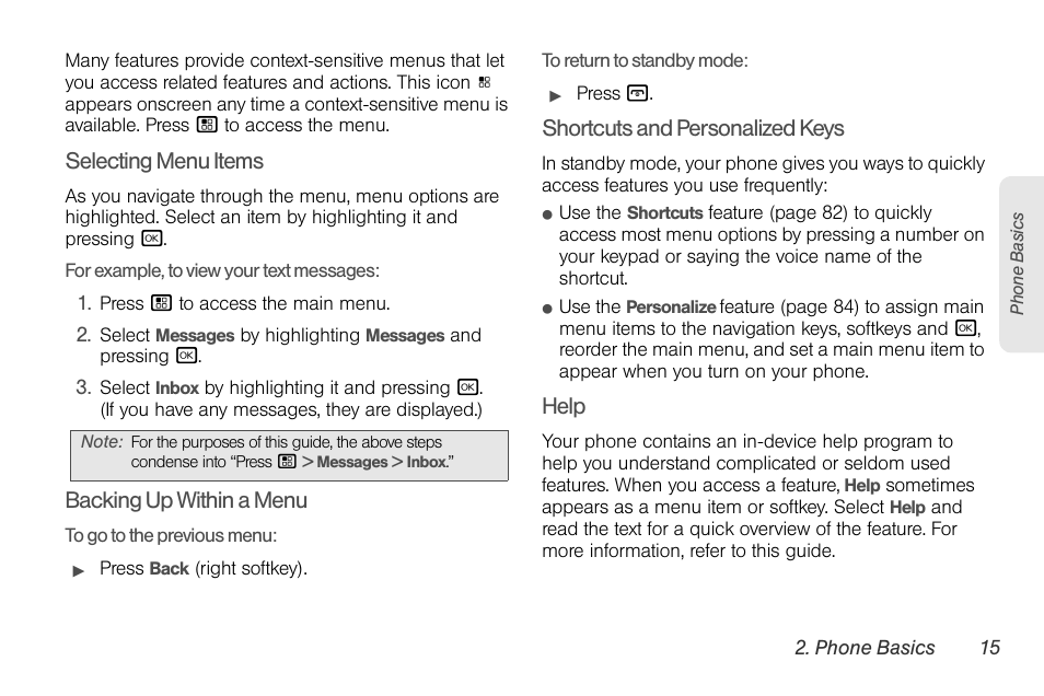 Selecting menu items, Backing up within a menu, Shortcuts and personalized keys | Help | Sprint Nextel BRUTE I686 User Manual | Page 29 / 199