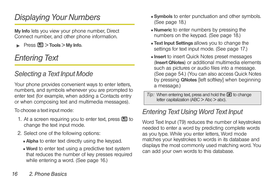 Displaying your numbers, Entering text, Selecting a text input mode | Entering text using word text input | Sprint Nextel BRUTE I686 User Manual | Page 30 / 199