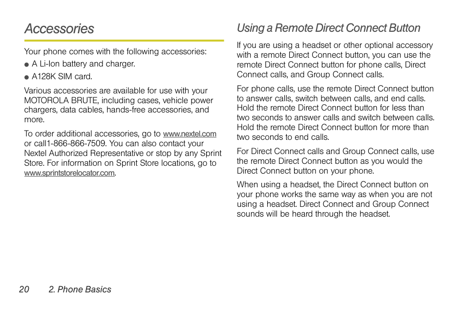 Accessories, Using a remote direct connect button | Sprint Nextel BRUTE I686 User Manual | Page 34 / 199