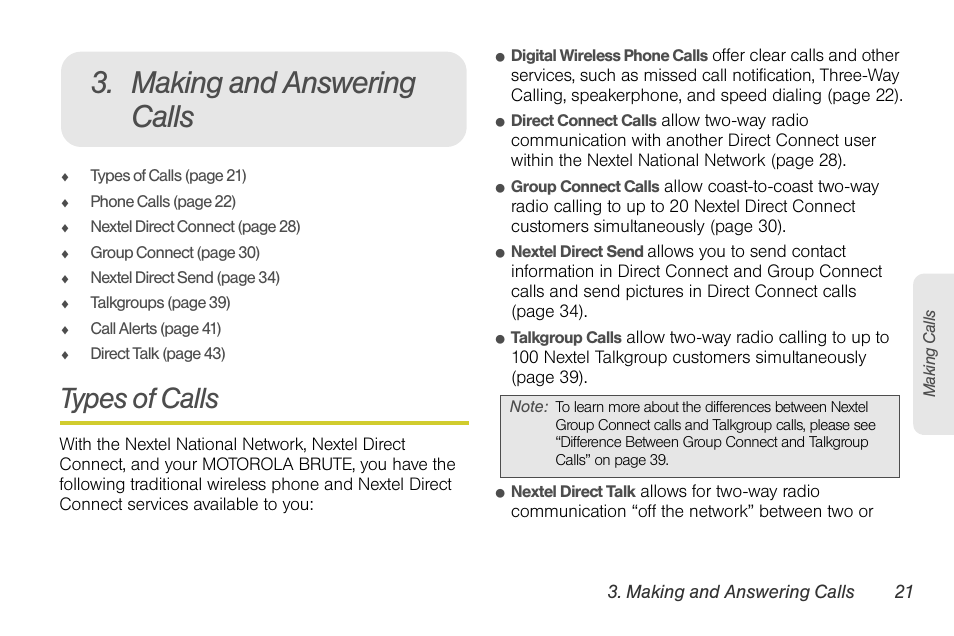 Making and answering calls, Types of calls | Sprint Nextel BRUTE I686 User Manual | Page 35 / 199