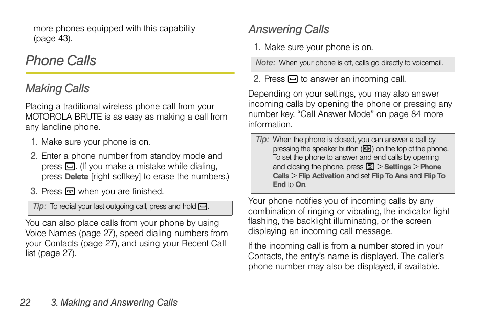 Phone calls, Making calls, Answering calls | Sprint Nextel BRUTE I686 User Manual | Page 36 / 199