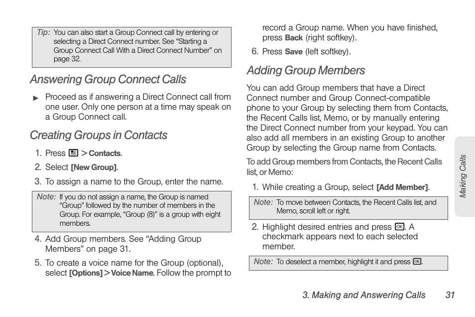 Answering group connect calls, Creating groups in contacts, Adding group members | Sprint Nextel BRUTE I686 User Manual | Page 45 / 199