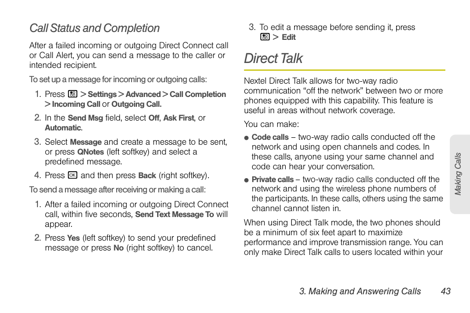 Call status and completion, Direct talk | Sprint Nextel BRUTE I686 User Manual | Page 57 / 199