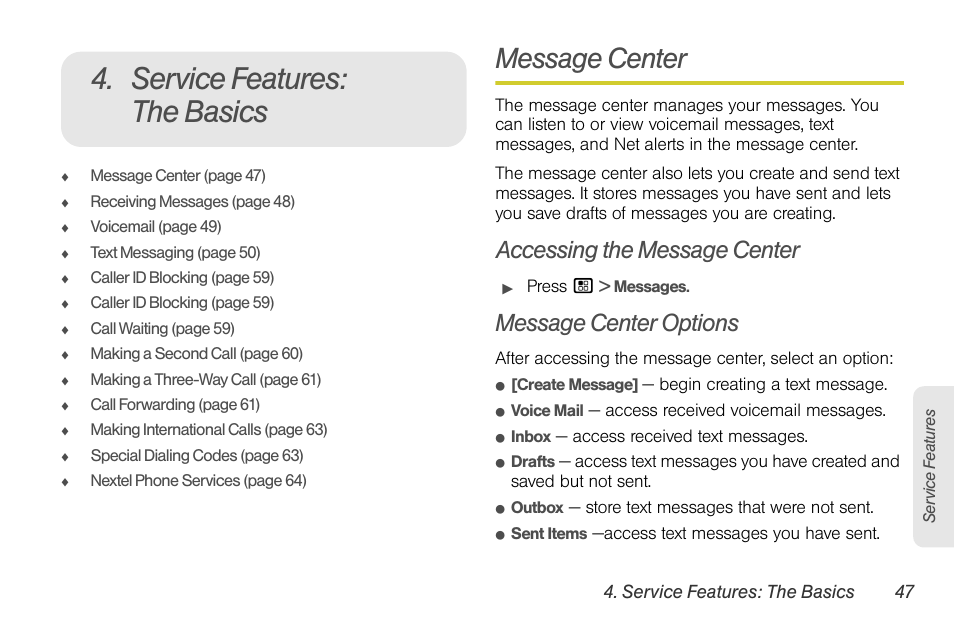 Service features: the basics, Message center, Accessing the message center | Message center options | Sprint Nextel BRUTE I686 User Manual | Page 61 / 199