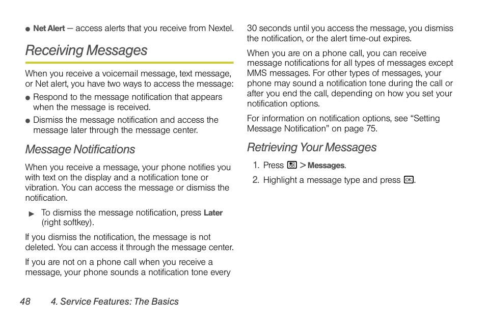 Receiving messages, Message notifications, Retrieving your messages | Sprint Nextel BRUTE I686 User Manual | Page 62 / 199
