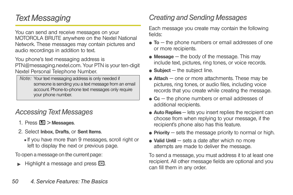 Text messaging, Accessing text messages, Creating and sending messages | Sprint Nextel BRUTE I686 User Manual | Page 64 / 199