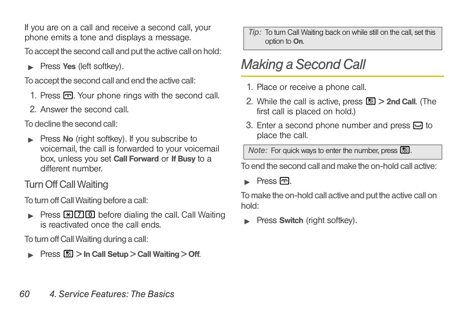 Making a second call, Turn off call waiting | Sprint Nextel BRUTE I686 User Manual | Page 74 / 199