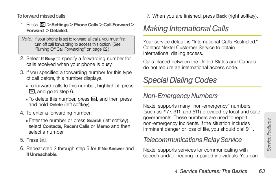 Making international calls, Special dialing codes, Non-emergency numbers | Telecommunications relay service | Sprint Nextel BRUTE I686 User Manual | Page 77 / 199