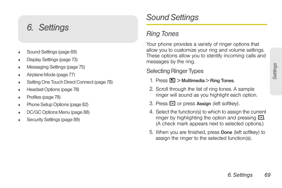 Settings, Sound settings, Ring tones | Selecting ringer types | Sprint Nextel BRUTE I686 User Manual | Page 83 / 199