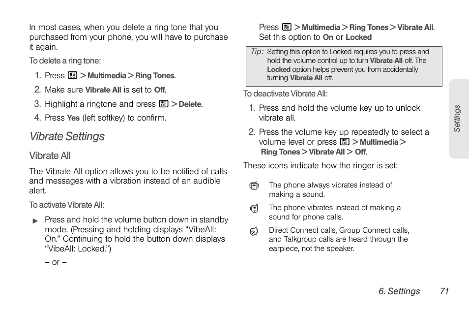 Vibrate settings, Ring. see | Sprint Nextel BRUTE I686 User Manual | Page 85 / 199