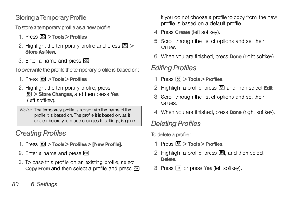 Creating profiles, Editing profiles, Deleting profiles | Sprint Nextel BRUTE I686 User Manual | Page 94 / 199