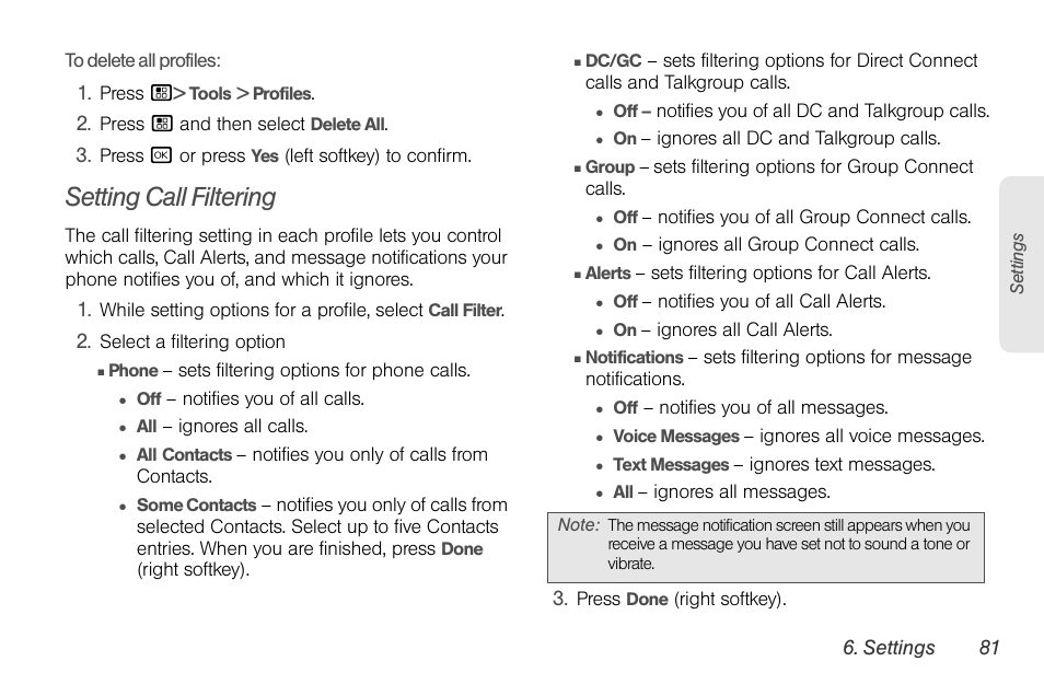 Setting call filtering | Sprint Nextel BRUTE I686 User Manual | Page 95 / 199