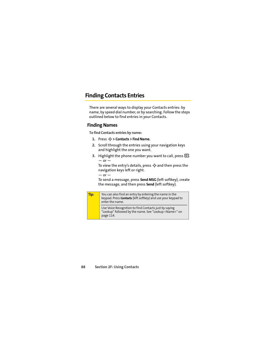 Finding contacts entries, Finding names | Sprint Nextel MOTOSLVR L7C User Manual | Page 104 / 228