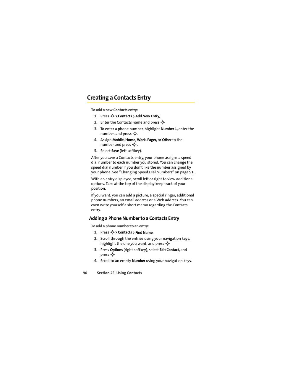 Creating a contacts entry, Adding a phone number to a contacts entry | Sprint Nextel MOTOSLVR L7C User Manual | Page 106 / 228