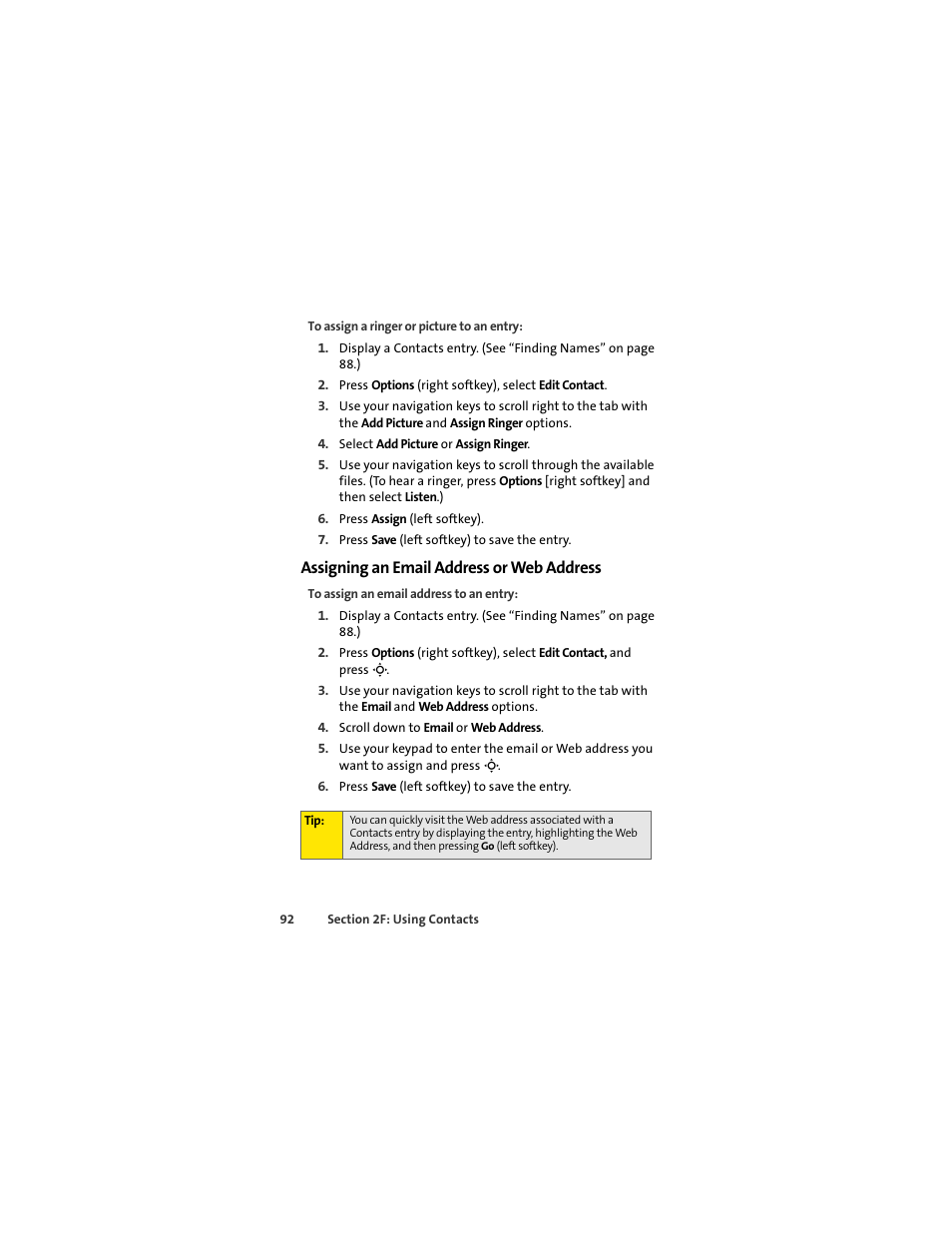 Assigning an email address or web address | Sprint Nextel MOTOSLVR L7C User Manual | Page 108 / 228