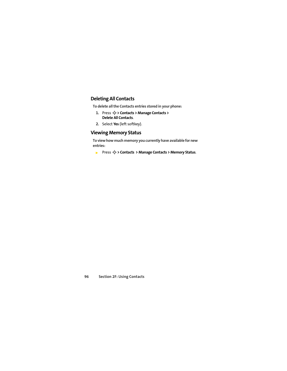 Deleting all contacts, Viewing memory status | Sprint Nextel MOTOSLVR L7C User Manual | Page 112 / 228