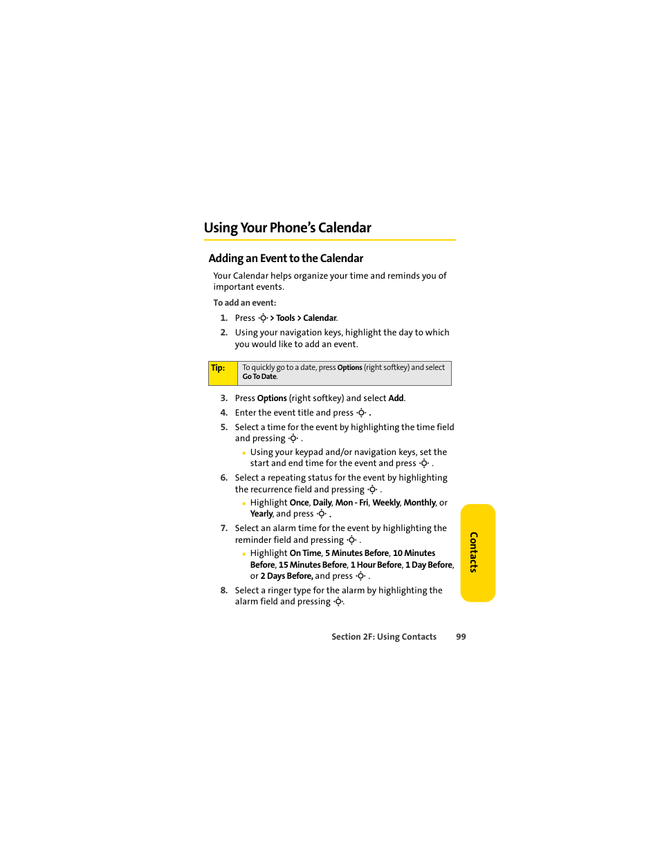 Using your phone’s calendar, Adding an event to the calendar | Sprint Nextel MOTOSLVR L7C User Manual | Page 115 / 228