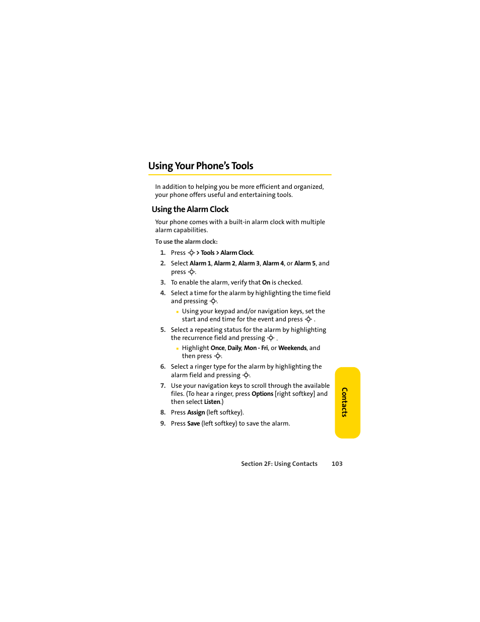 Using your phone’s tools, Using the alarm clock | Sprint Nextel MOTOSLVR L7C User Manual | Page 119 / 228