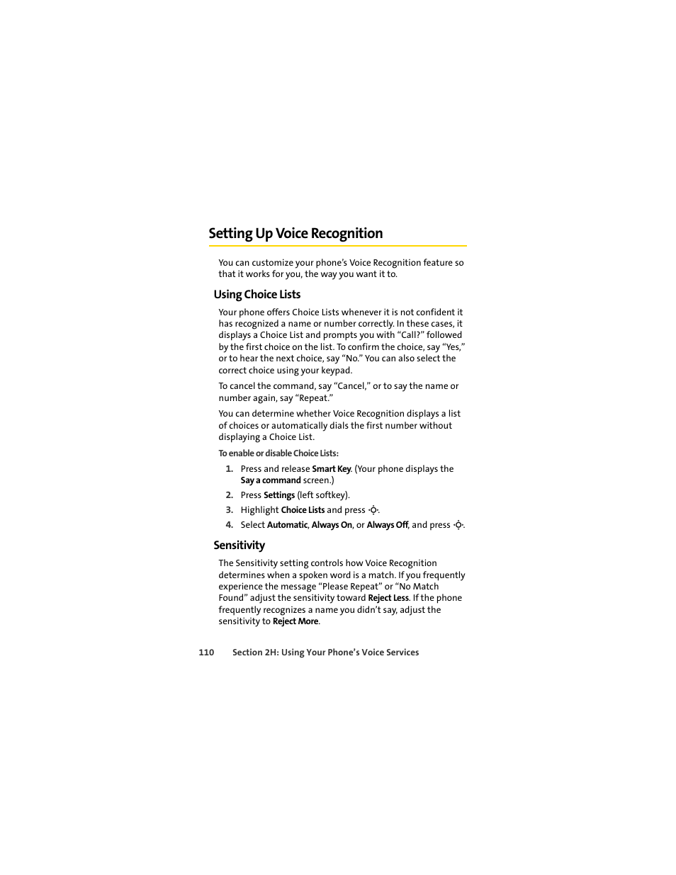 Setting up voice recognition, Using choice lists, Sensitivity | Sprint Nextel MOTOSLVR L7C User Manual | Page 126 / 228