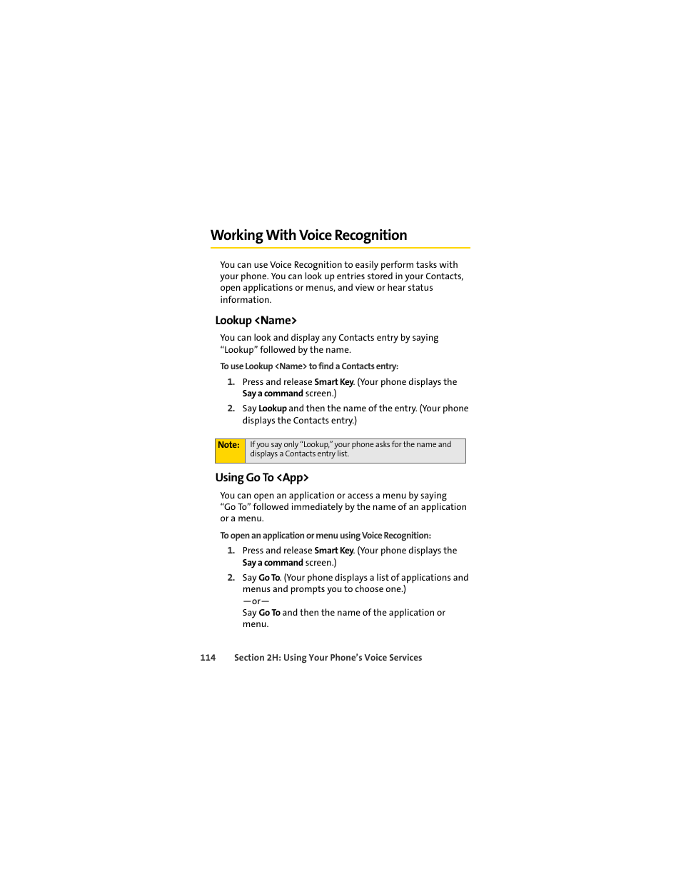 Working with voice recognition, Lookup <name, Using go to <app | Sprint Nextel MOTOSLVR L7C User Manual | Page 130 / 228