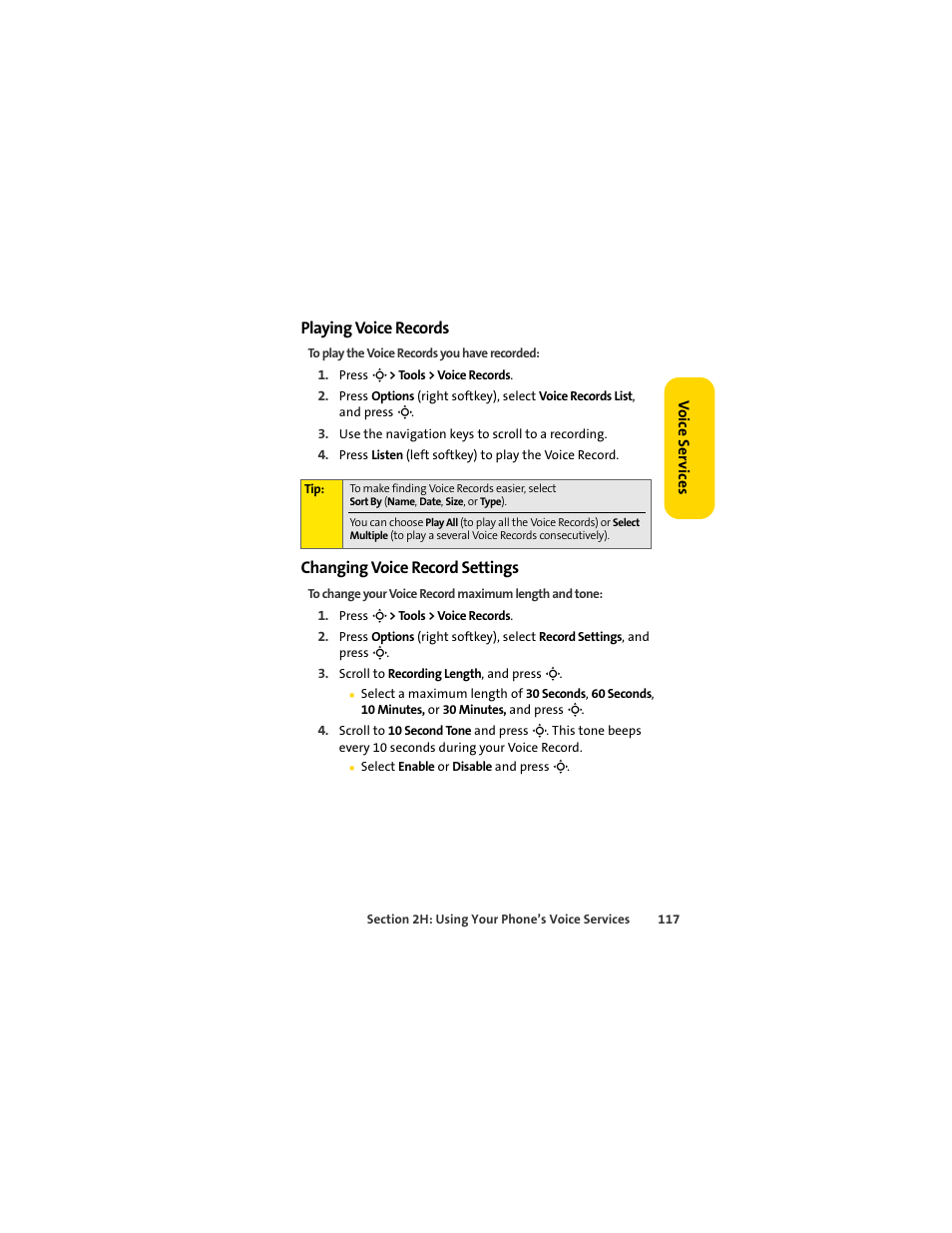 Playing voice records, Changing voice record settings | Sprint Nextel MOTOSLVR L7C User Manual | Page 133 / 228