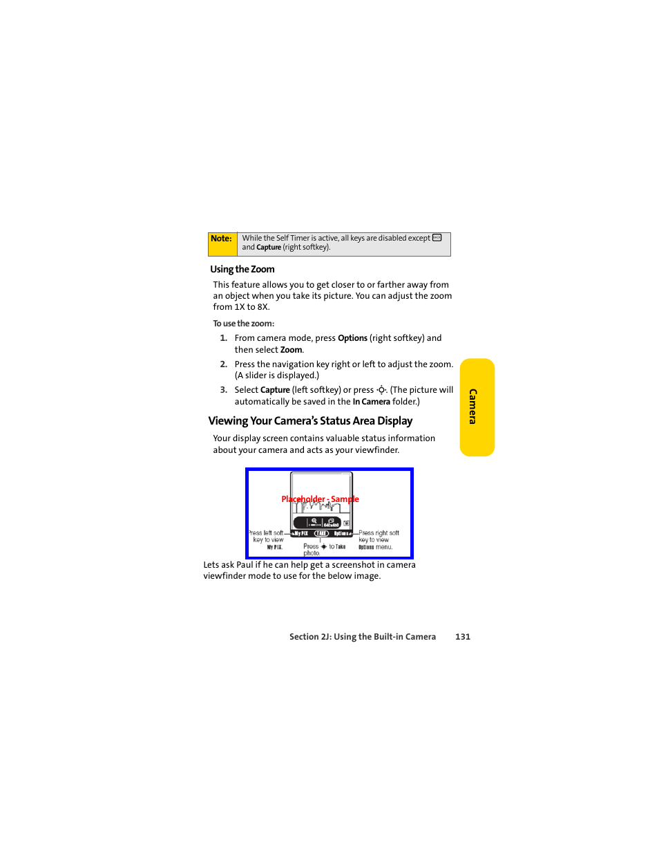 Viewing your camera’s status area display | Sprint Nextel MOTOSLVR L7C User Manual | Page 147 / 228