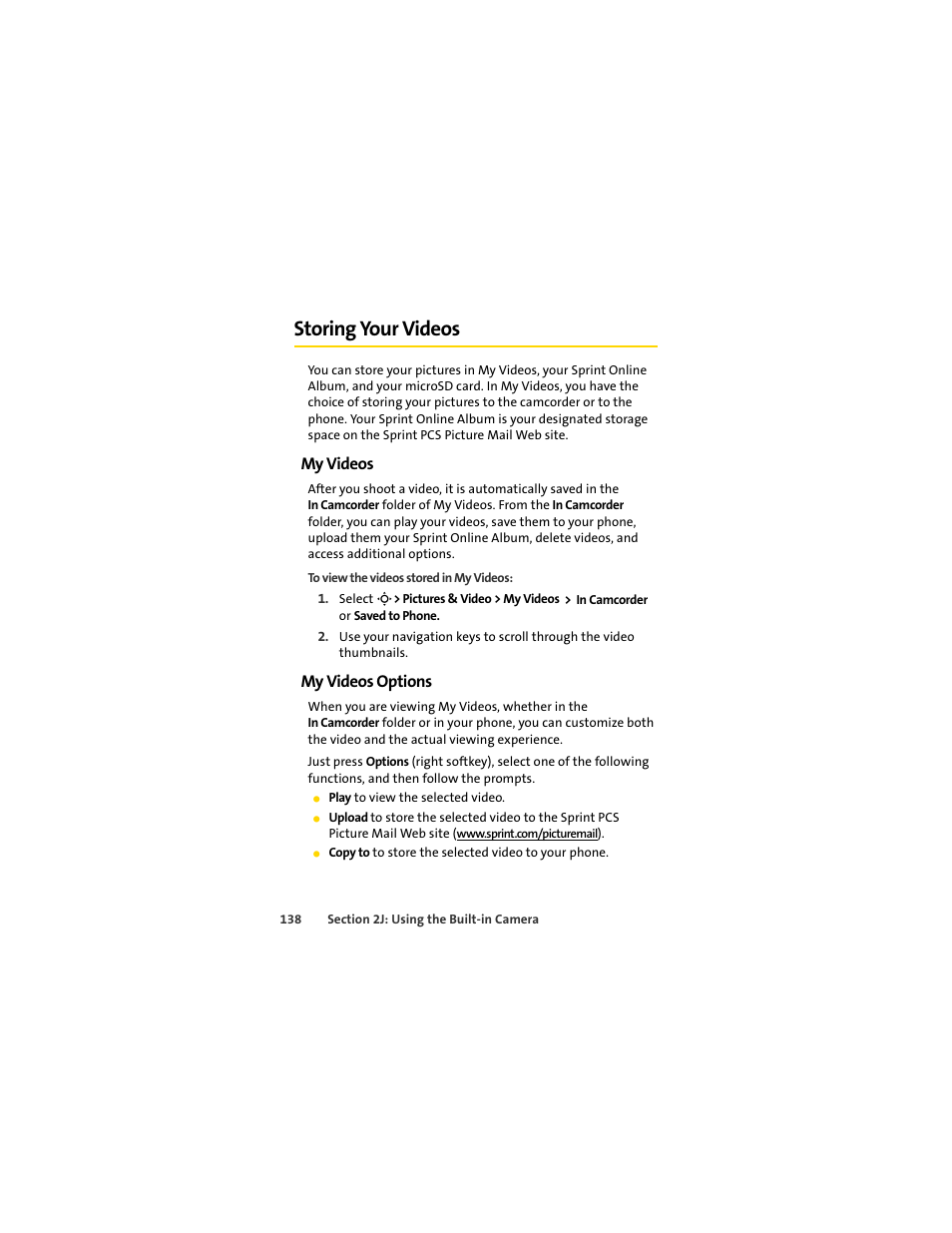 Storing your videos, My videos, My videos options | Sprint Nextel MOTOSLVR L7C User Manual | Page 154 / 228