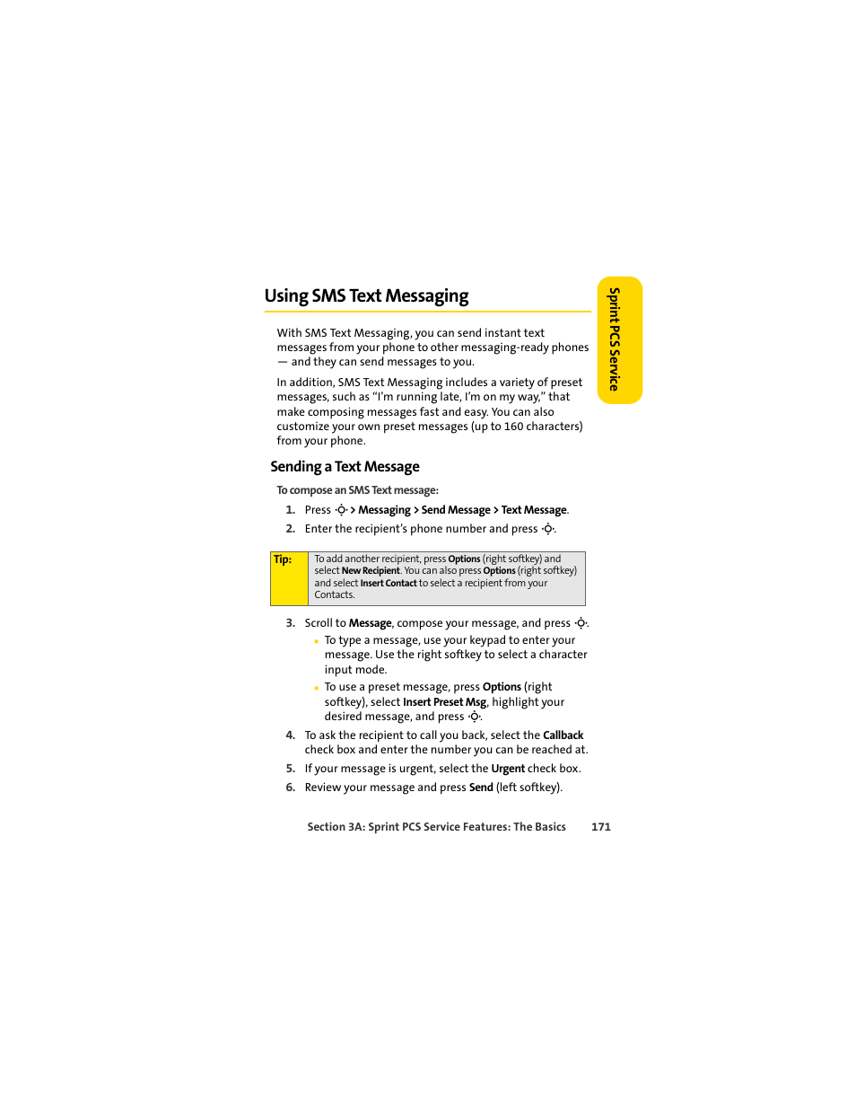 Using sms text messaging, Sending a text message | Sprint Nextel MOTOSLVR L7C User Manual | Page 187 / 228