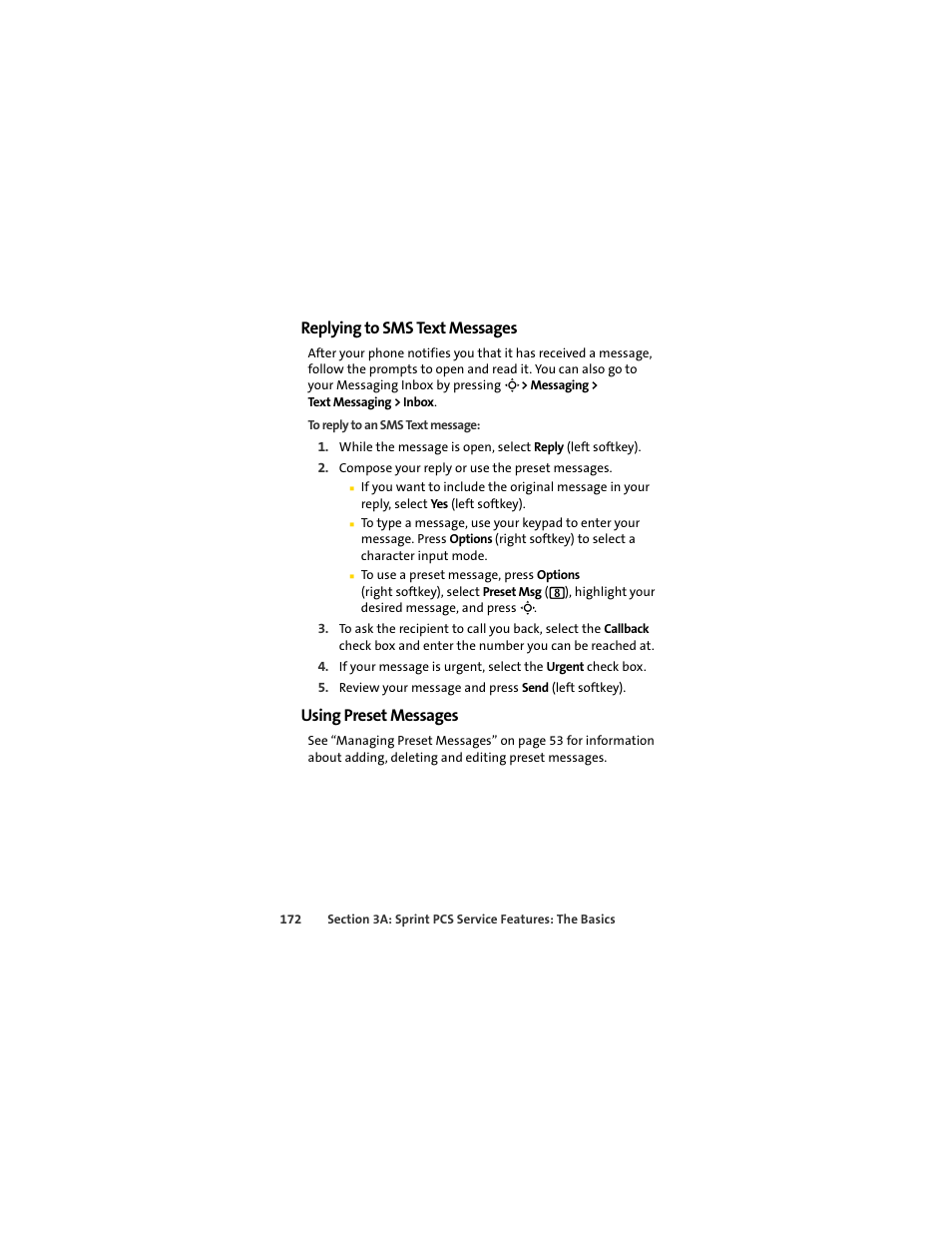 Replying to sms text messages, Using preset messages | Sprint Nextel MOTOSLVR L7C User Manual | Page 188 / 228