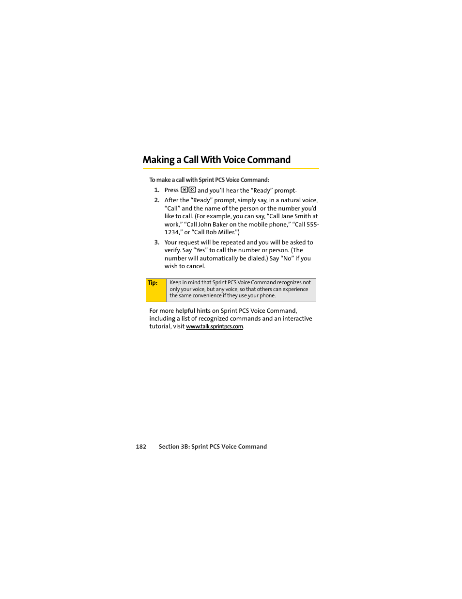 Making a call with voice command | Sprint Nextel MOTOSLVR L7C User Manual | Page 198 / 228