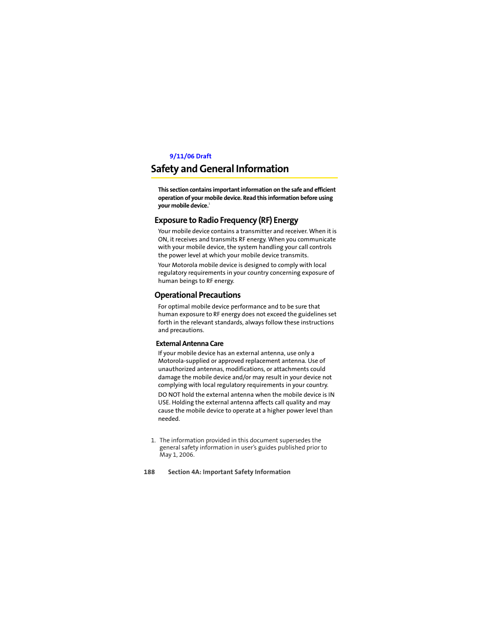 Safety and general information, Exposure to radio frequency (rf) energy, Operational precautions | Sprint Nextel MOTOSLVR L7C User Manual | Page 204 / 228