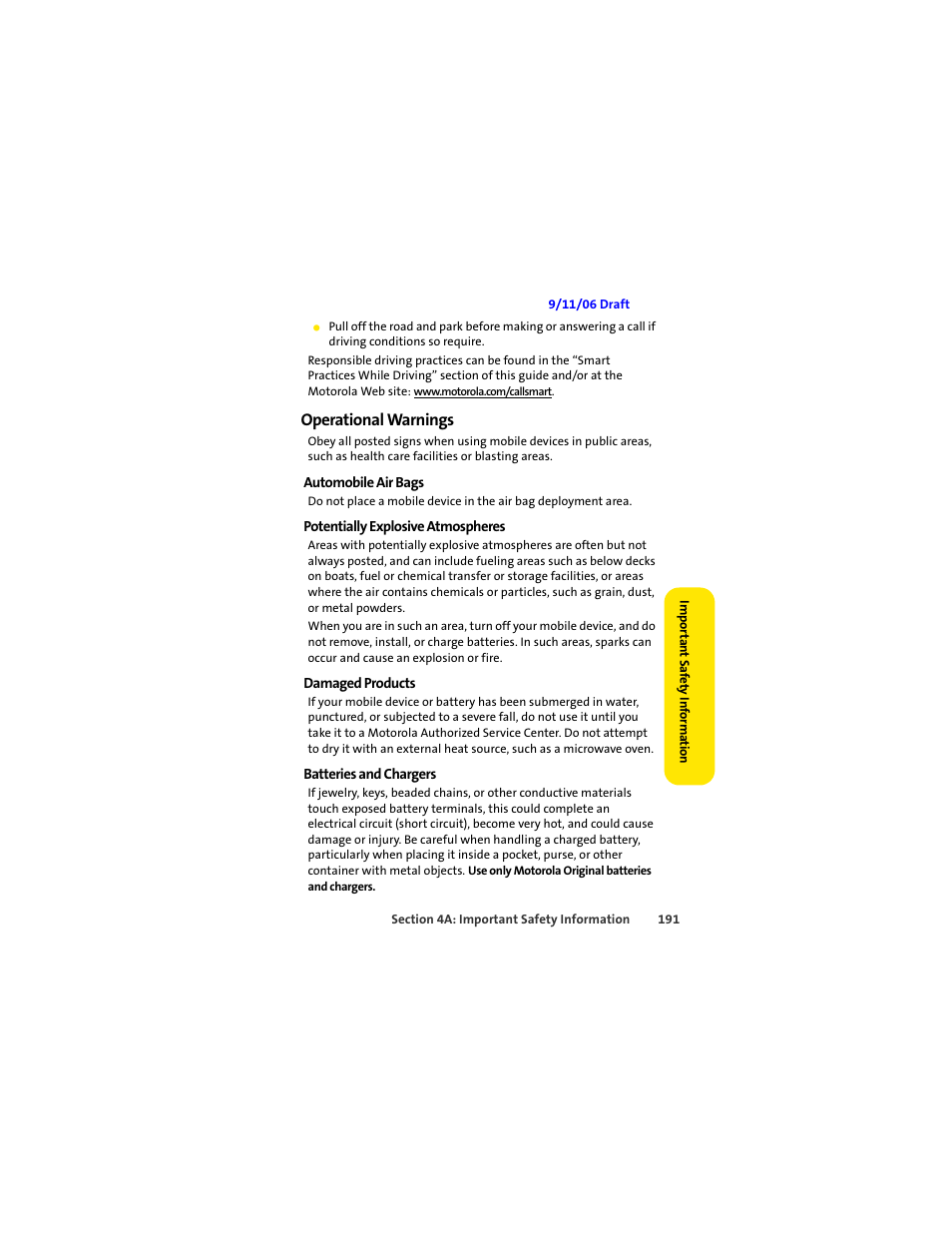 Operational warnings | Sprint Nextel MOTOSLVR L7C User Manual | Page 207 / 228