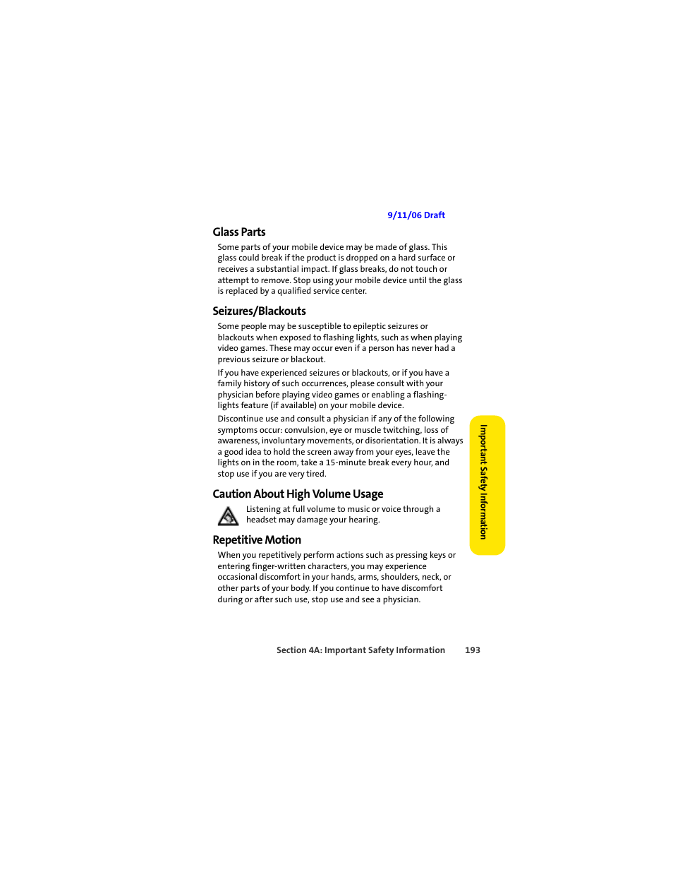 Glass parts, Seizures/blackouts, Caution about high volume usage | Repetitive motion | Sprint Nextel MOTOSLVR L7C User Manual | Page 209 / 228