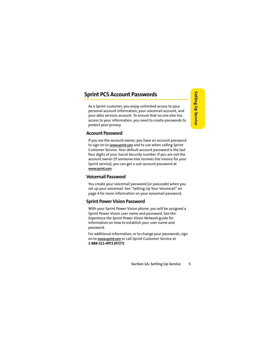 Sprint pcs account passwords, Account password, Voicemail password | Sprint power vision password | Sprint Nextel MOTOSLVR L7C User Manual | Page 21 / 228