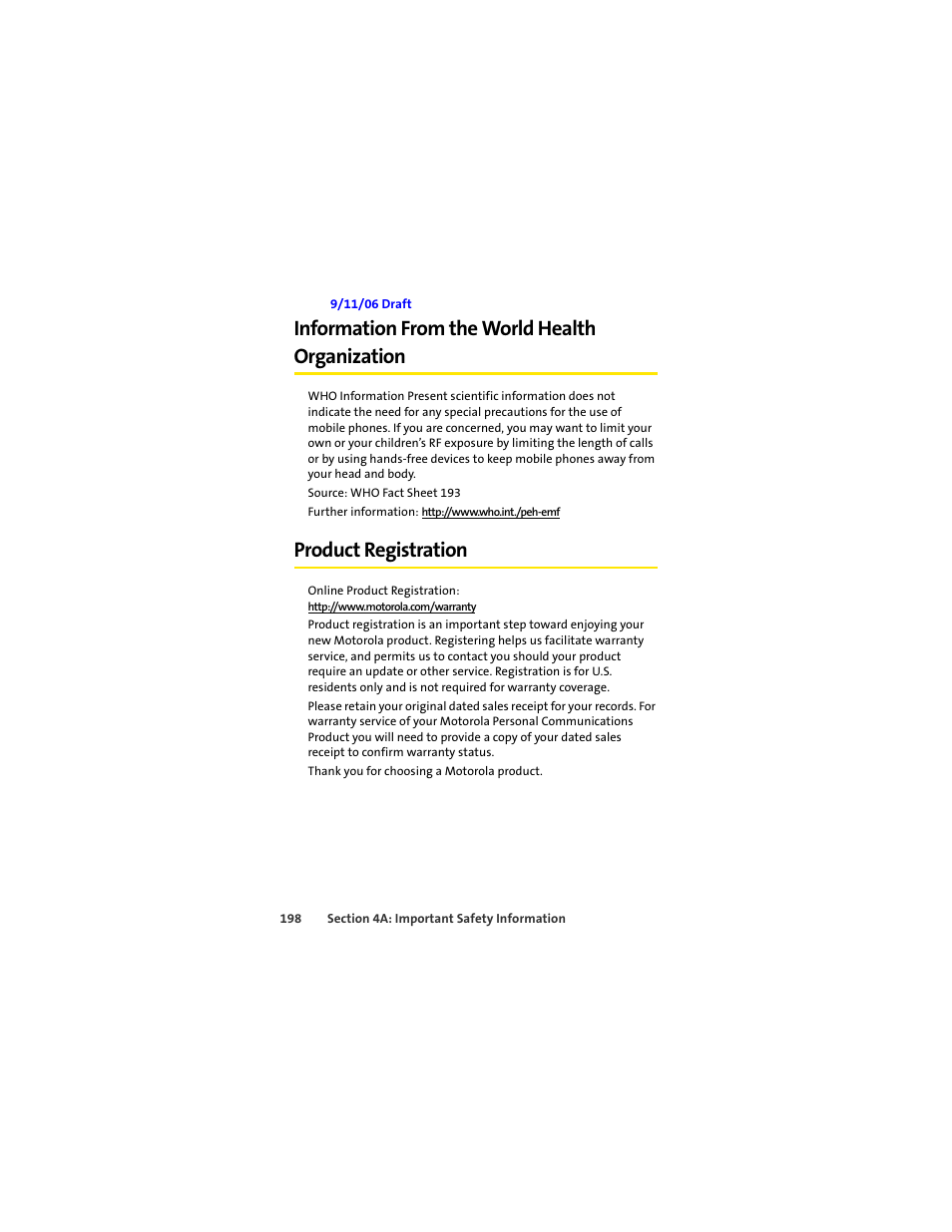 Information from the world health organization, Product registration | Sprint Nextel MOTOSLVR L7C User Manual | Page 214 / 228