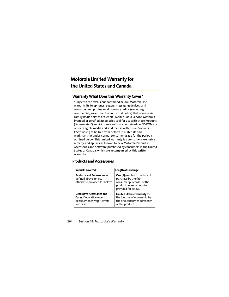 Warranty what does this warranty cover, Products and accessories | Sprint Nextel MOTOSLVR L7C User Manual | Page 220 / 228