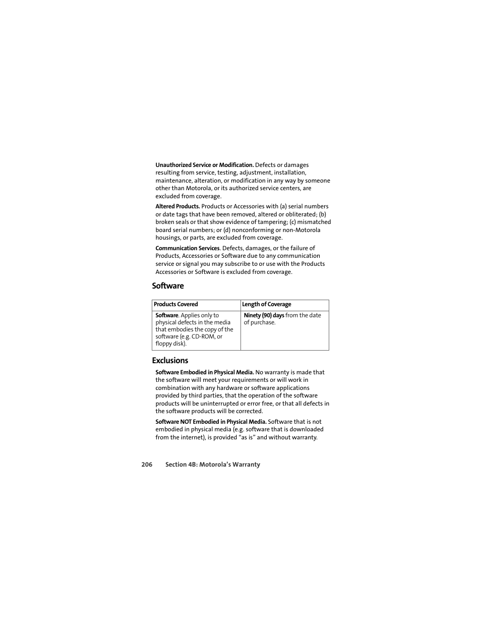 Software, Exclusions, Software exclusions | Sprint Nextel MOTOSLVR L7C User Manual | Page 222 / 228