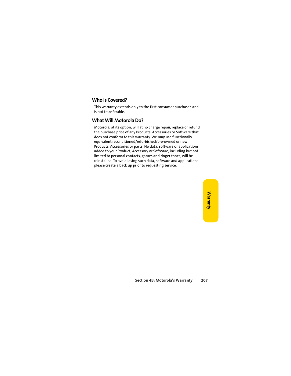 Who is covered, What will motorola do | Sprint Nextel MOTOSLVR L7C User Manual | Page 223 / 228