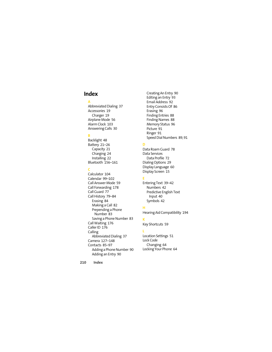 Index | Sprint Nextel MOTOSLVR L7C User Manual | Page 226 / 228