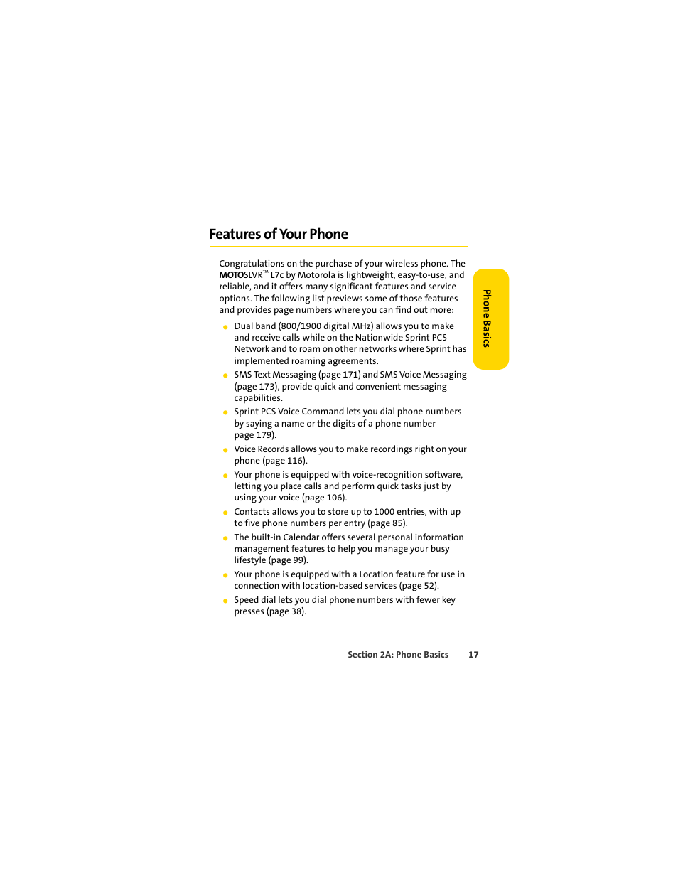 Features of your phone | Sprint Nextel MOTOSLVR L7C User Manual | Page 33 / 228