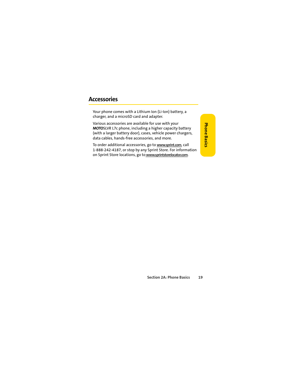 Accessories | Sprint Nextel MOTOSLVR L7C User Manual | Page 35 / 228