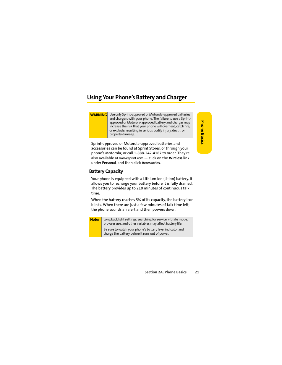 Using your phone’s battery and charger, Battery capacity | Sprint Nextel MOTOSLVR L7C User Manual | Page 37 / 228