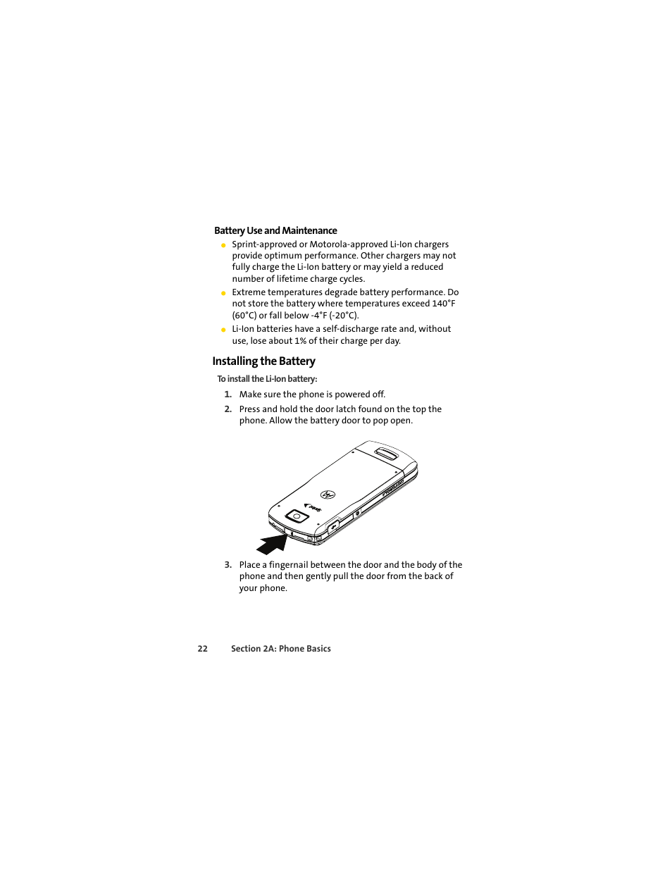 Installing the battery | Sprint Nextel MOTOSLVR L7C User Manual | Page 38 / 228