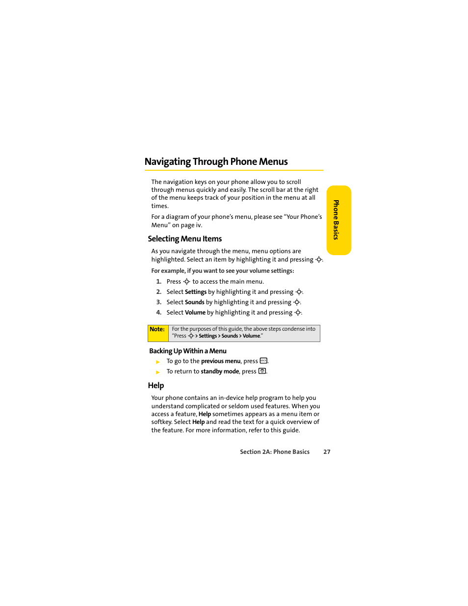 Navigating through phone menus, Selecting menu items, Help | Sprint Nextel MOTOSLVR L7C User Manual | Page 43 / 228